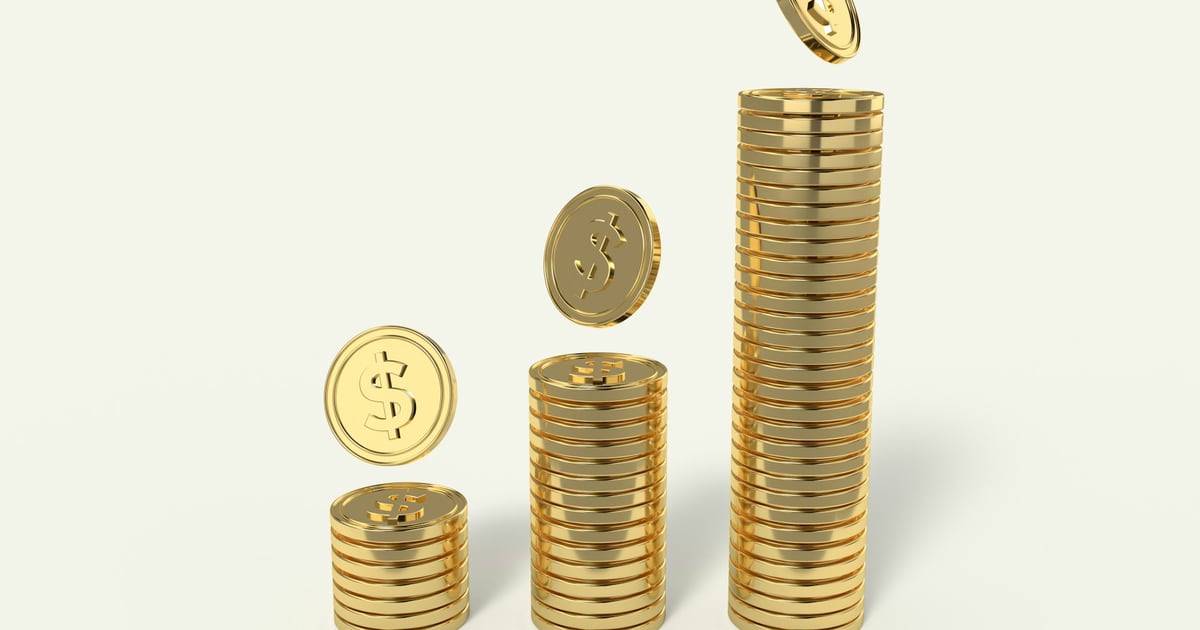 Gold coin stacks rising from short to tall on a cream background, with a coin falling onto the tallest