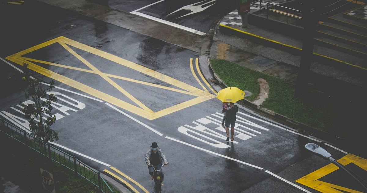 View from above of a rainy street crossing painted with yellow lines, one pedestrian under a yellow umbrella