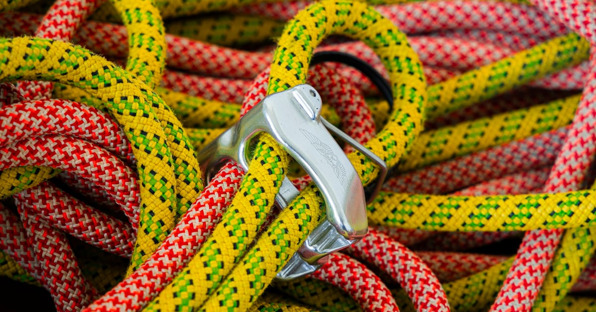 Tangled red and yellow climbing ropes with a silver belay device clipped through them